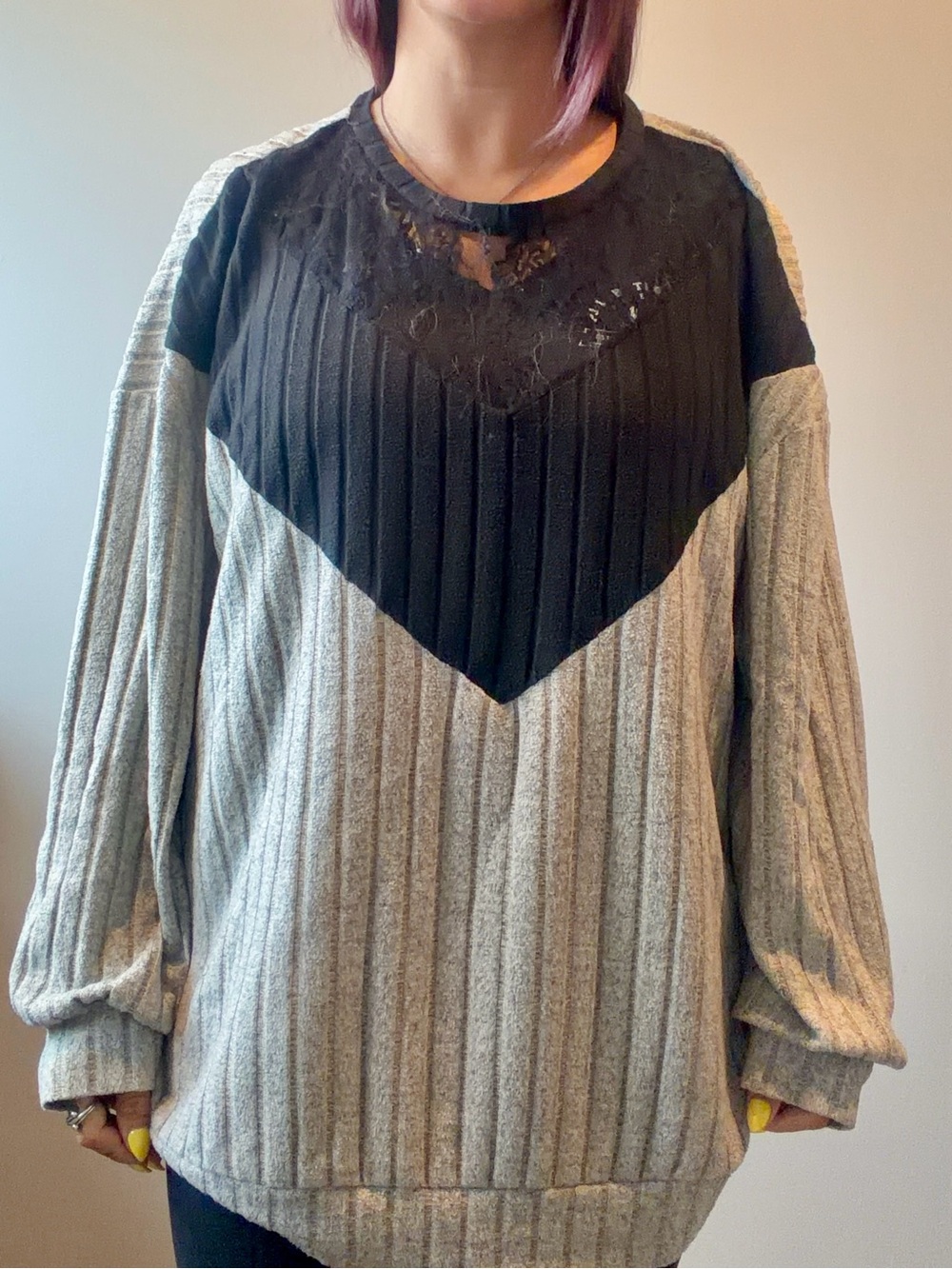 Shein Curve 4XL‎ Grey Sweater Black Lace on Top Womens Blouse
